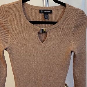 Sparkly Gold / Tan Sweatwer , Gold Buckle Neckline
